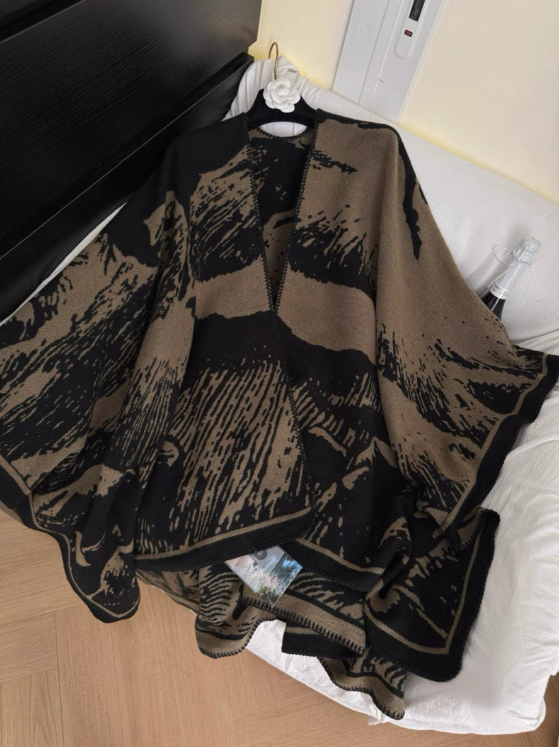 东方古早味 墨染黑驼色百搭披肩 Oriental Vintage-Inspired Ink-Dyed Black Camel Shawl