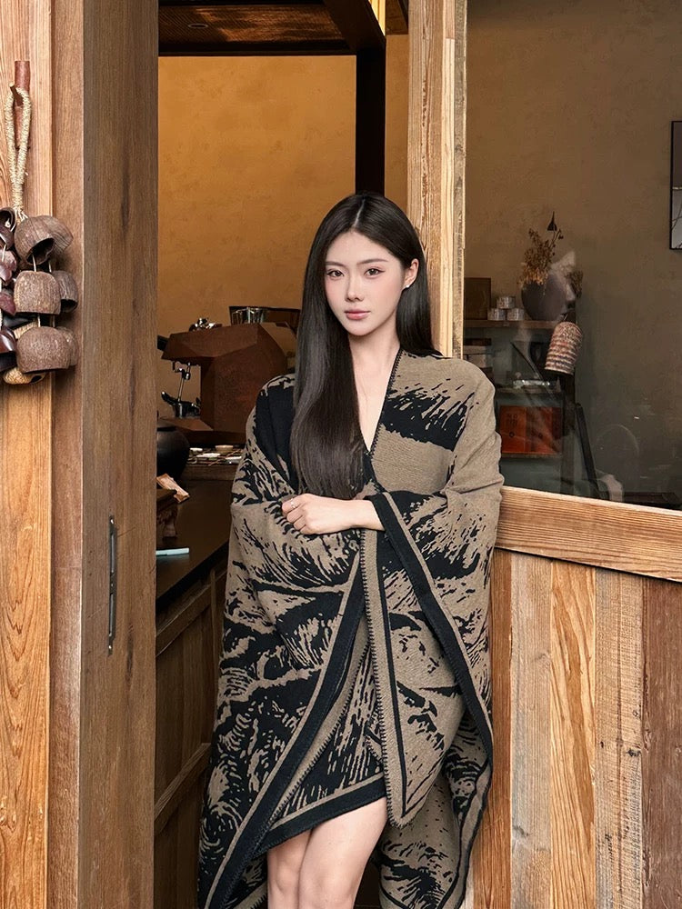 东方古早味 墨染黑驼色百搭披肩 Oriental Vintage-Inspired Ink-Dyed Black Camel Shawl