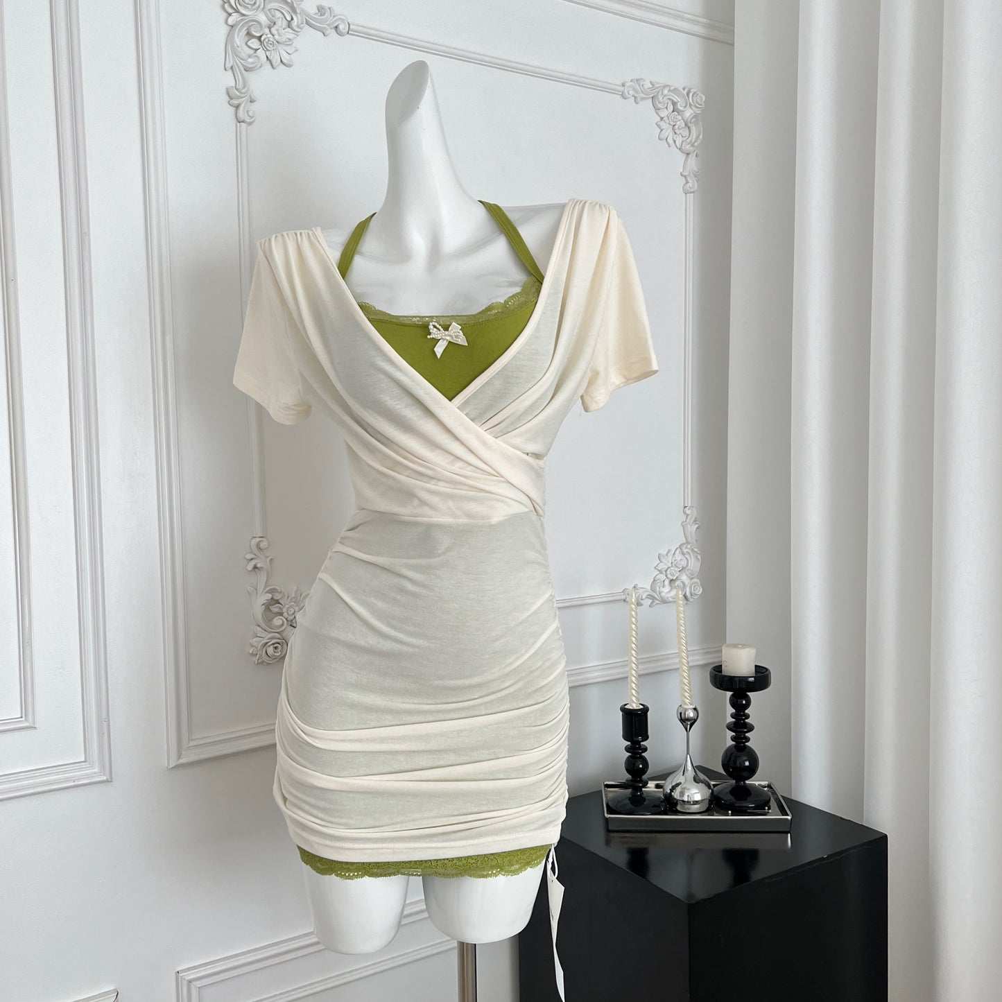 薄荷稀雨 纯欲罩衫两件套修身套装 Mint Drizzle Pure Desire Sheer Two-Piece Slim Fit Set