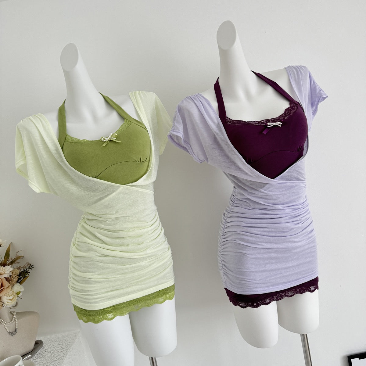 薄荷稀雨 纯欲罩衫两件套修身套装 Mint Drizzle Pure Desire Sheer Two-Piece Slim Fit Set
