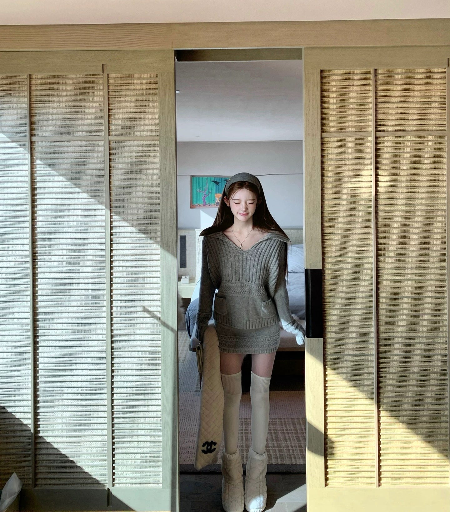 高智冷女 大翻领100绵羊毛针织套装 Cool-Girl Look 100% Merino Wool Knit Set with Oversized Lapel