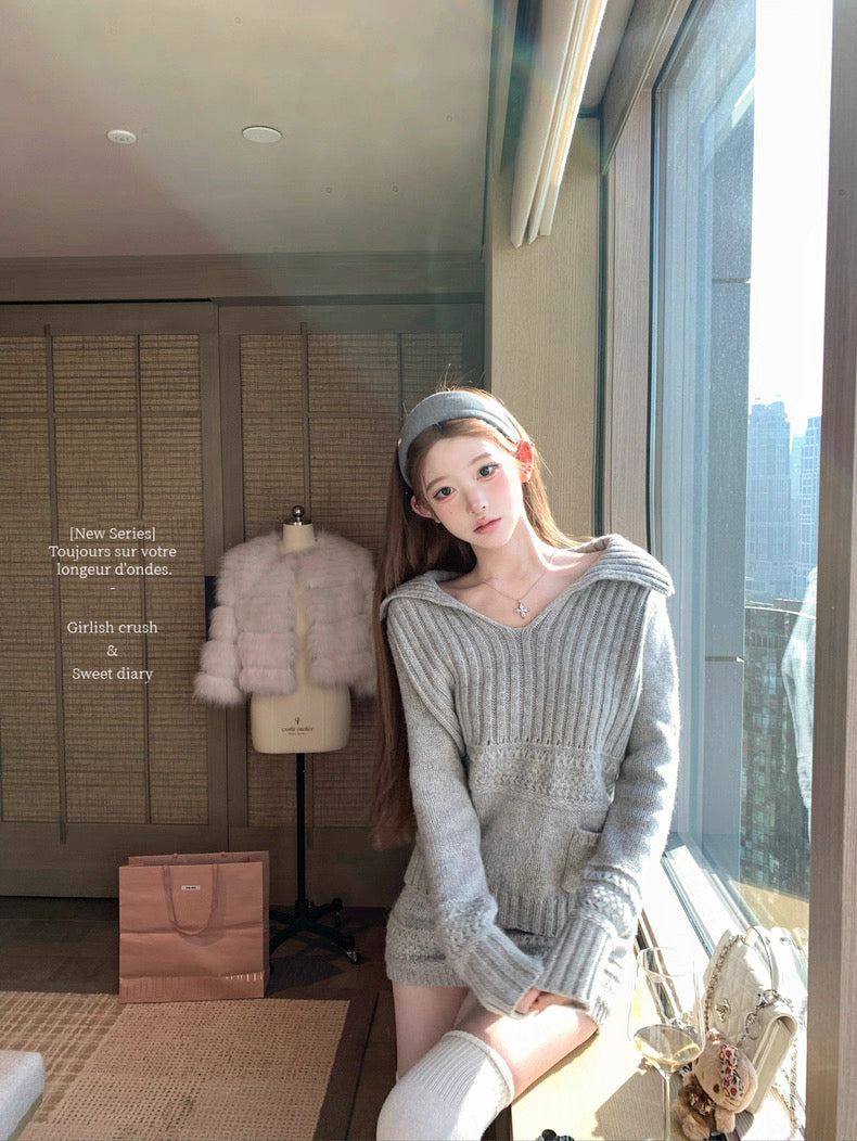 高智冷女 大翻领100绵羊毛针织套装 Cool-Girl Look 100% Merino Wool Knit Set with Oversized Lapel